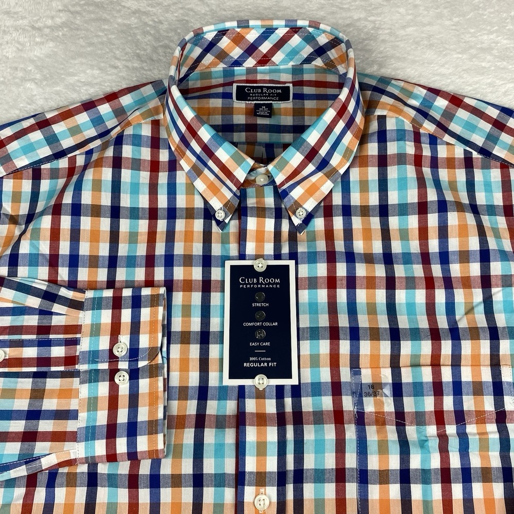 Club Room Performance Shirt Mens 18-36/37 Multicolor Checks Regular Fit NWT!